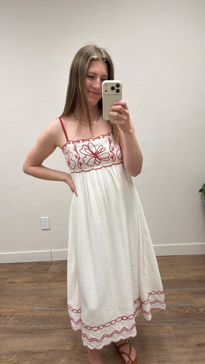 Floral Embroidery Scalloped Midi Dress - Three:Twelve Boutique - Blu Pepper