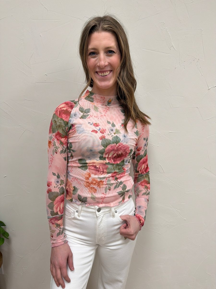 Lifestyle shot of model wearing Floral Mesh Top paired with casual outfit — Three:Twelve Boutique