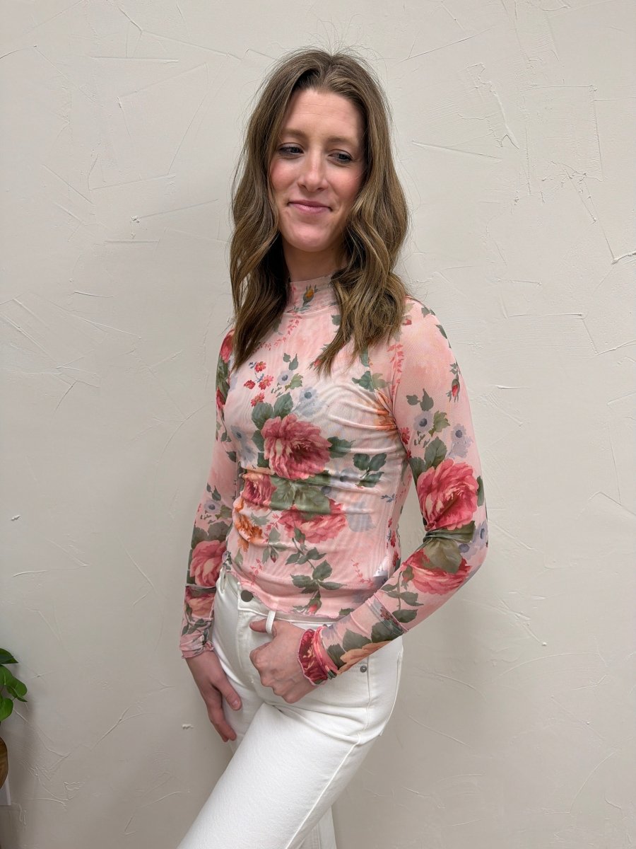Lifestyle shot of model wearing Floral Mesh Top paired with casual outfit — Three:Twelve Boutique