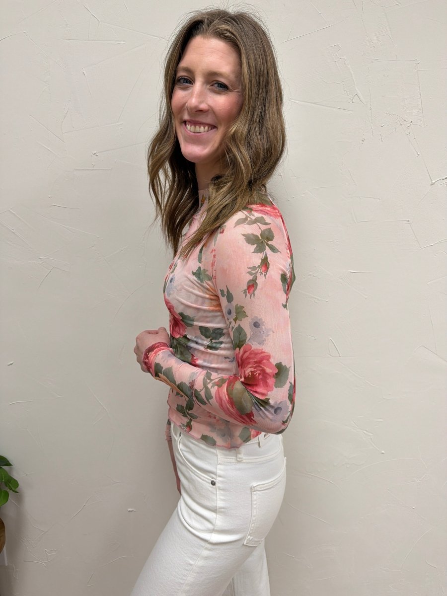 Side view of Floral Mesh Top showing sleeve length and airy silhouette — Three:Twelve Boutique