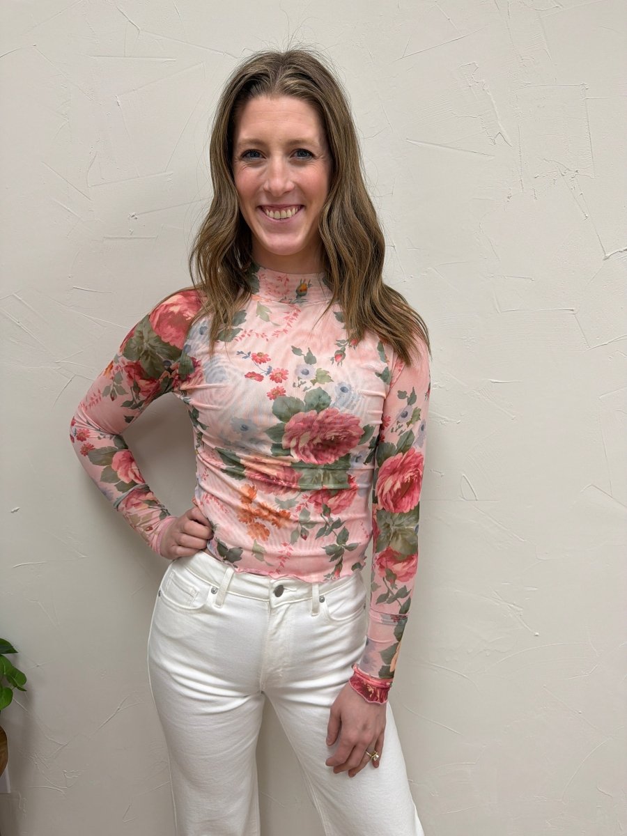 Lifestyle shot of model wearing Floral Mesh Top paired with casual outfit — Three:Twelve Boutique