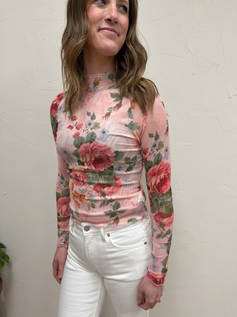 Lifestyle shot of model wearing Floral Mesh Top paired with casual outfit — Three:Twelve Boutique
