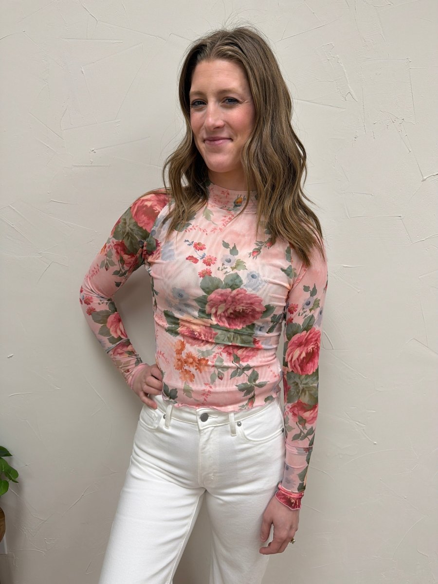 Lifestyle shot of model wearing Floral Mesh Top paired with casual outfit — Three:Twelve Boutique