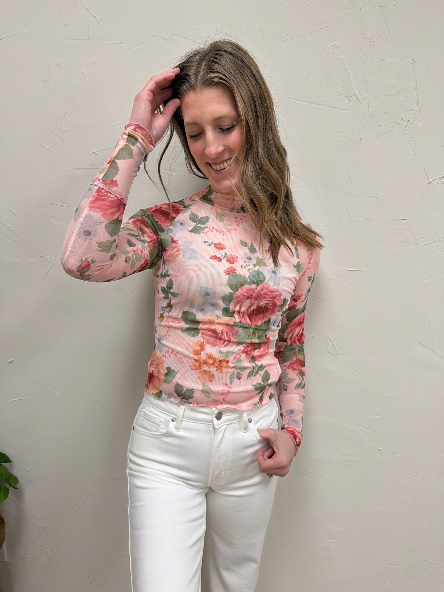 Lifestyle shot of model wearing Floral Mesh Top paired with casual outfit — Three:Twelve Boutique