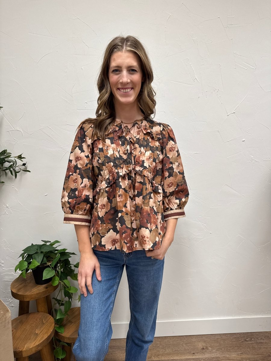 Floral print 3/4 sleeve peplum top - Three:Twelve Boutique - Entro