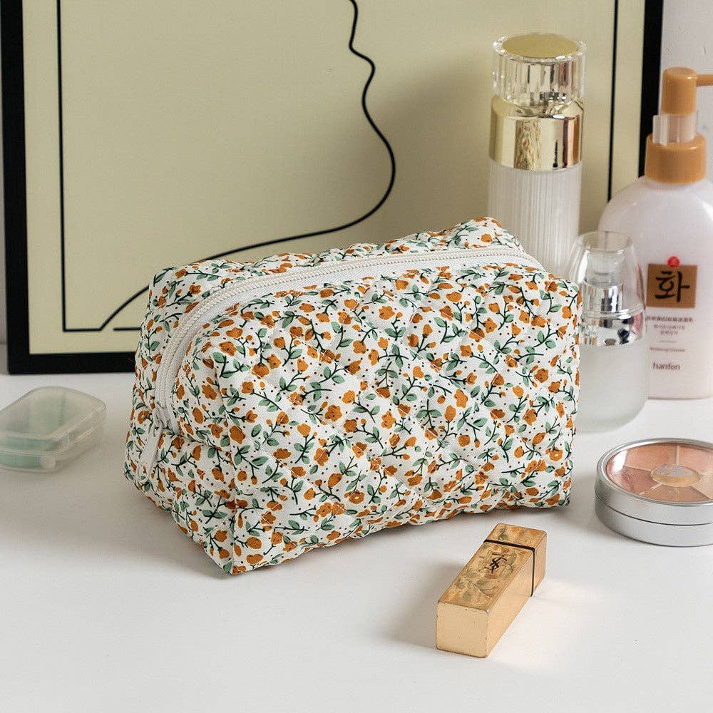 Floral Print Square Quilted Makeup Bag : Orange - Three:Twelve Boutique - Dipped Shop