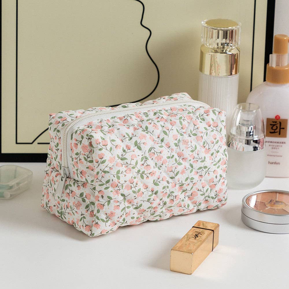 Floral Print Square Quilted Makeup Bag : Pink - Three:Twelve Boutique - Dipped Shop