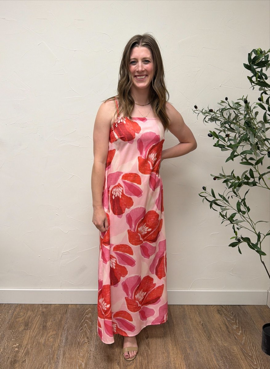 Front view of model wearing Floral Print Strap Linen Maxi Dress showing full length silhouette — Three Boutique
