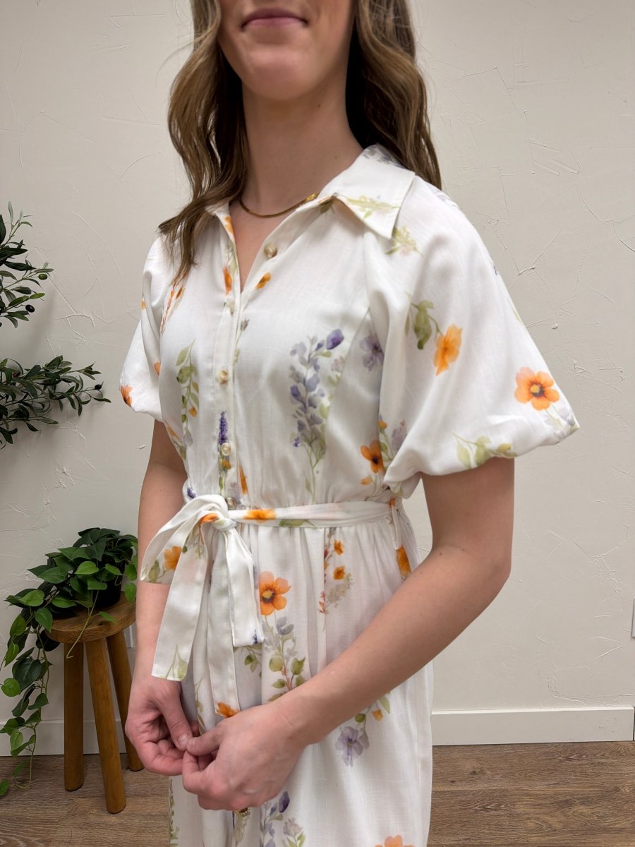 Floral Puff Sleeve Midi Shirt Dress - Three:Twelve Boutique - Polagram