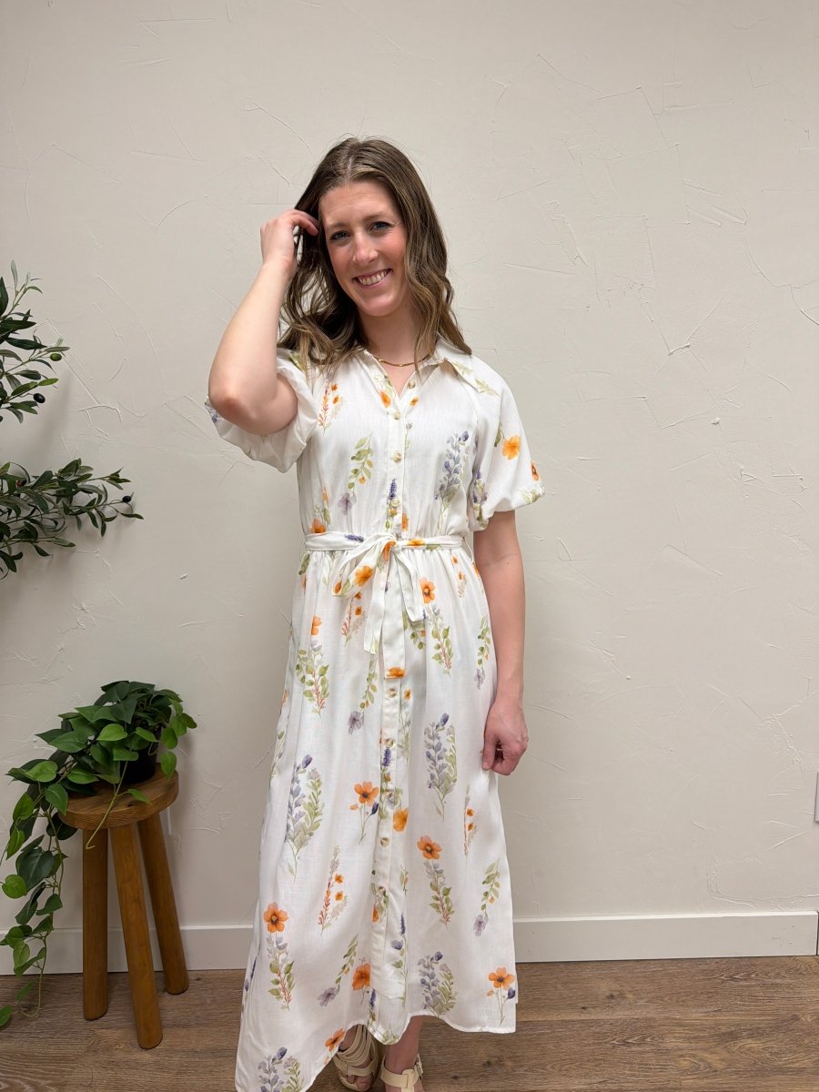Floral Puff Sleeve Midi Shirt Dress - Three:Twelve Boutique - Polagram