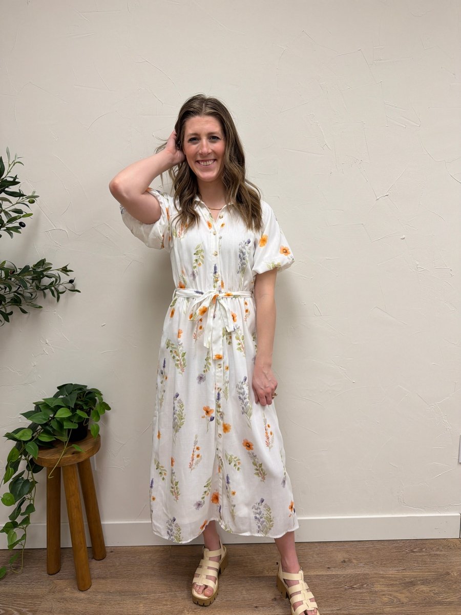 Floral Puff Sleeve Midi Shirt Dress - Three:Twelve Boutique - Polagram