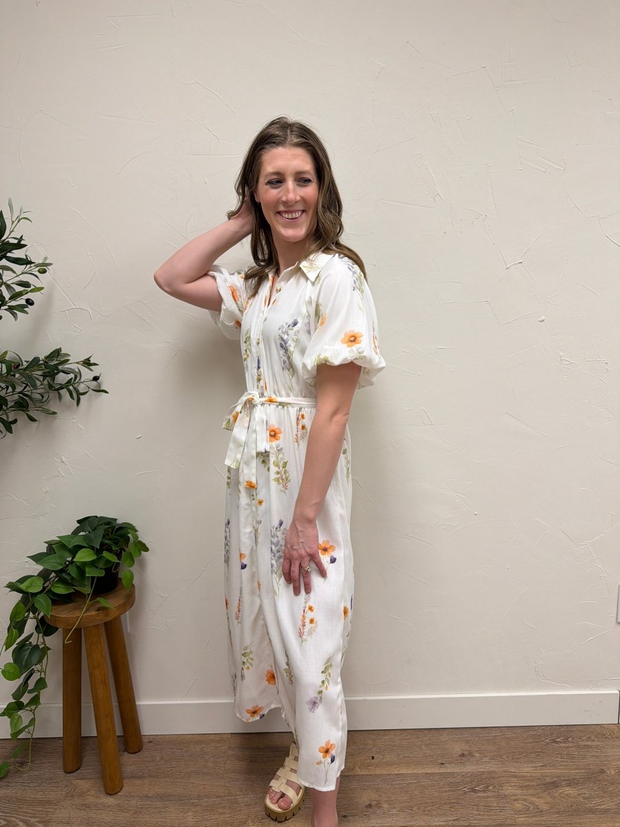 Floral Puff Sleeve Midi Shirt Dress - Three:Twelve Boutique - Polagram