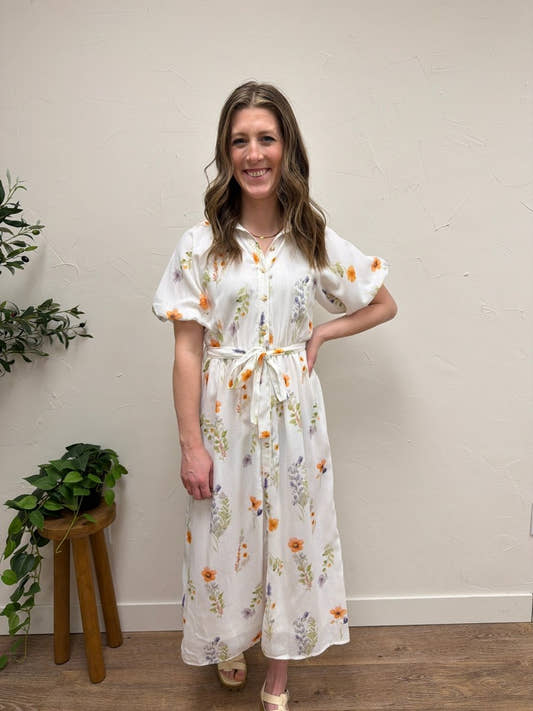 Floral Puff Sleeve Midi Shirt Dress - Three:Twelve Boutique - Polagram