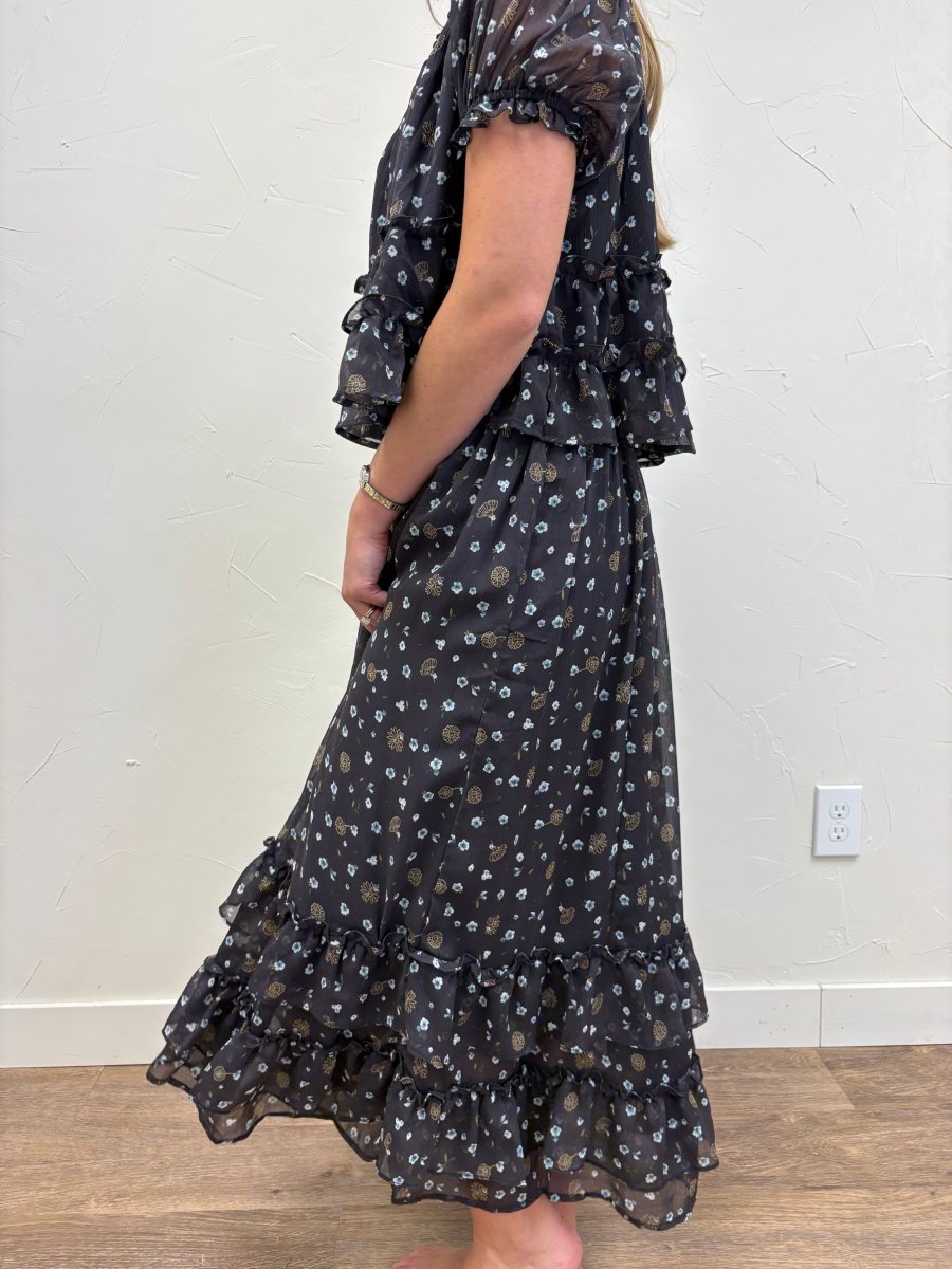 Floral ruffled Tiered Hem Midi Skirt - Three:Twelve Boutique - Blu Pepper
