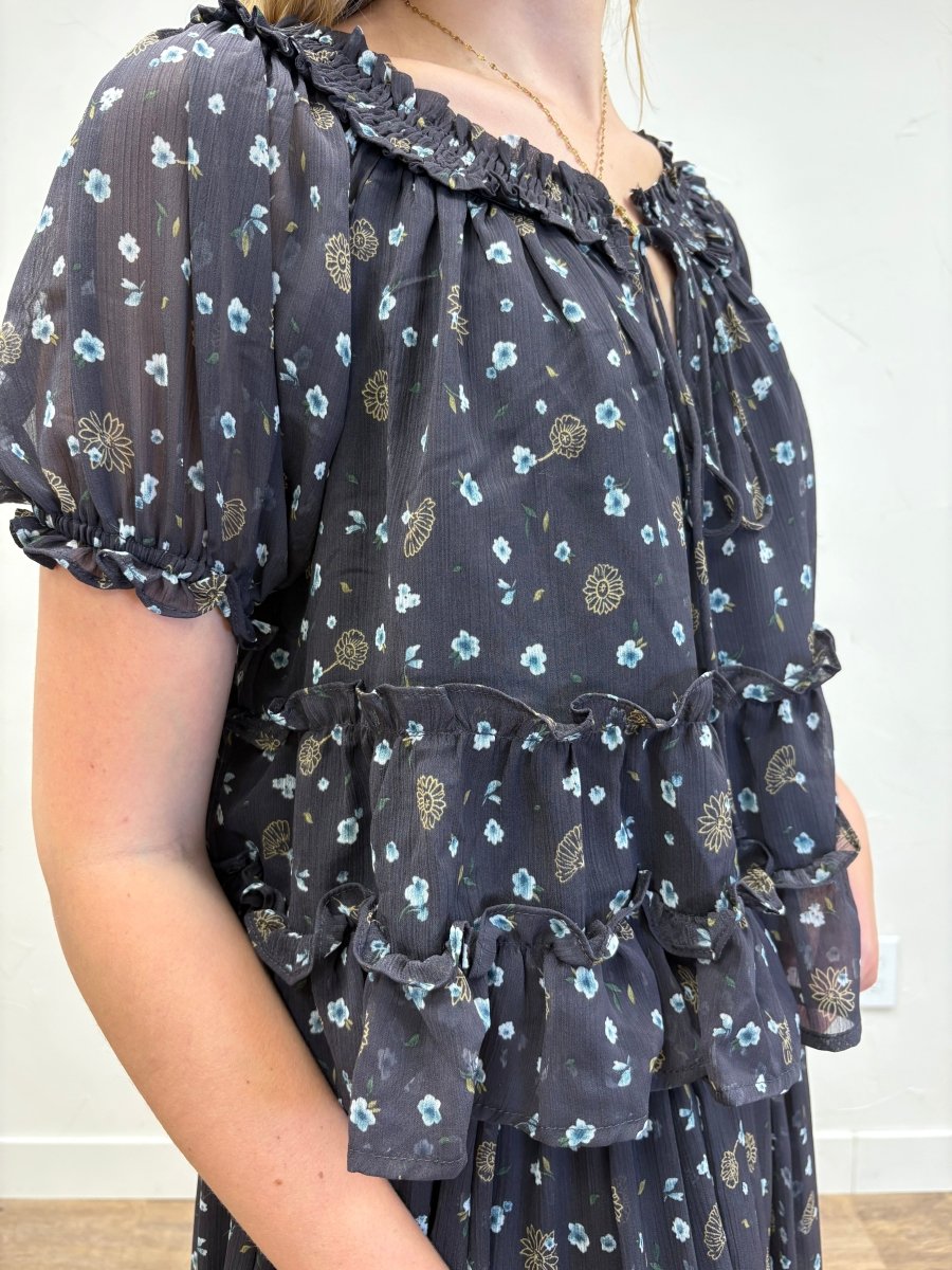 Floral Smocked Front Tie Puff Sleeve Top - Three:Twelve Boutique - Blu Pepper