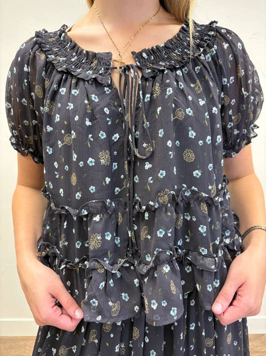 Floral Smocked Front Tie Puff Sleeve Top - Three:Twelve Boutique - Blu Pepper