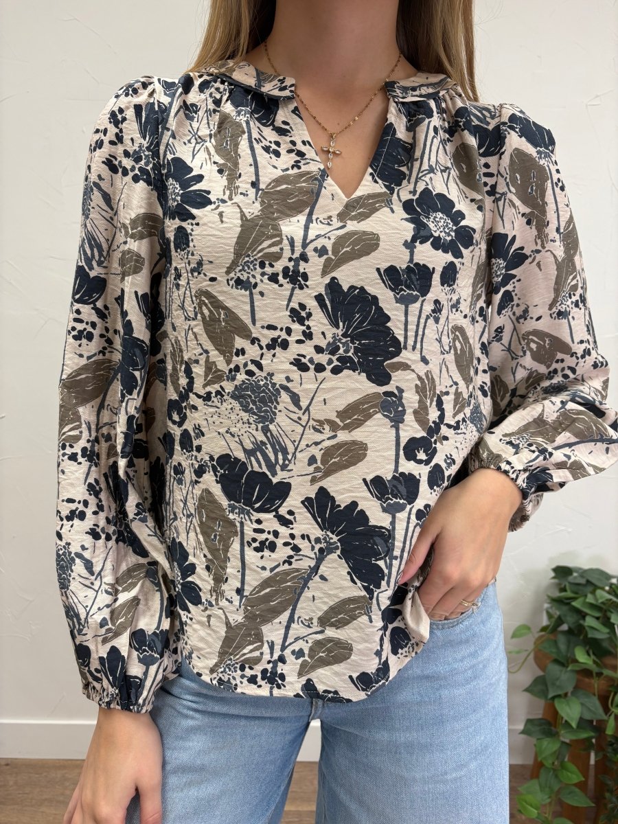 Flower Print V Neck Long Sleeve Blouse - Three:Twelve Boutique - fun2fun