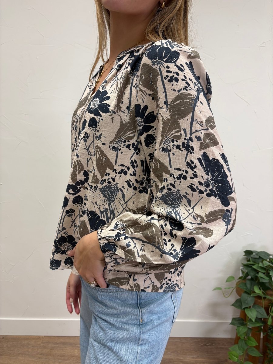 Flower Print V Neck Long Sleeve Blouse - Three:Twelve Boutique - fun2fun