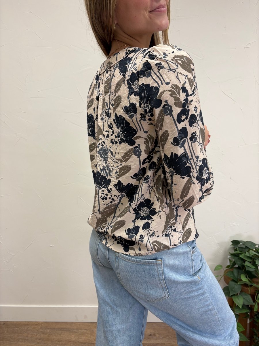 Flower Print V Neck Long Sleeve Blouse - Three:Twelve Boutique - fun2fun