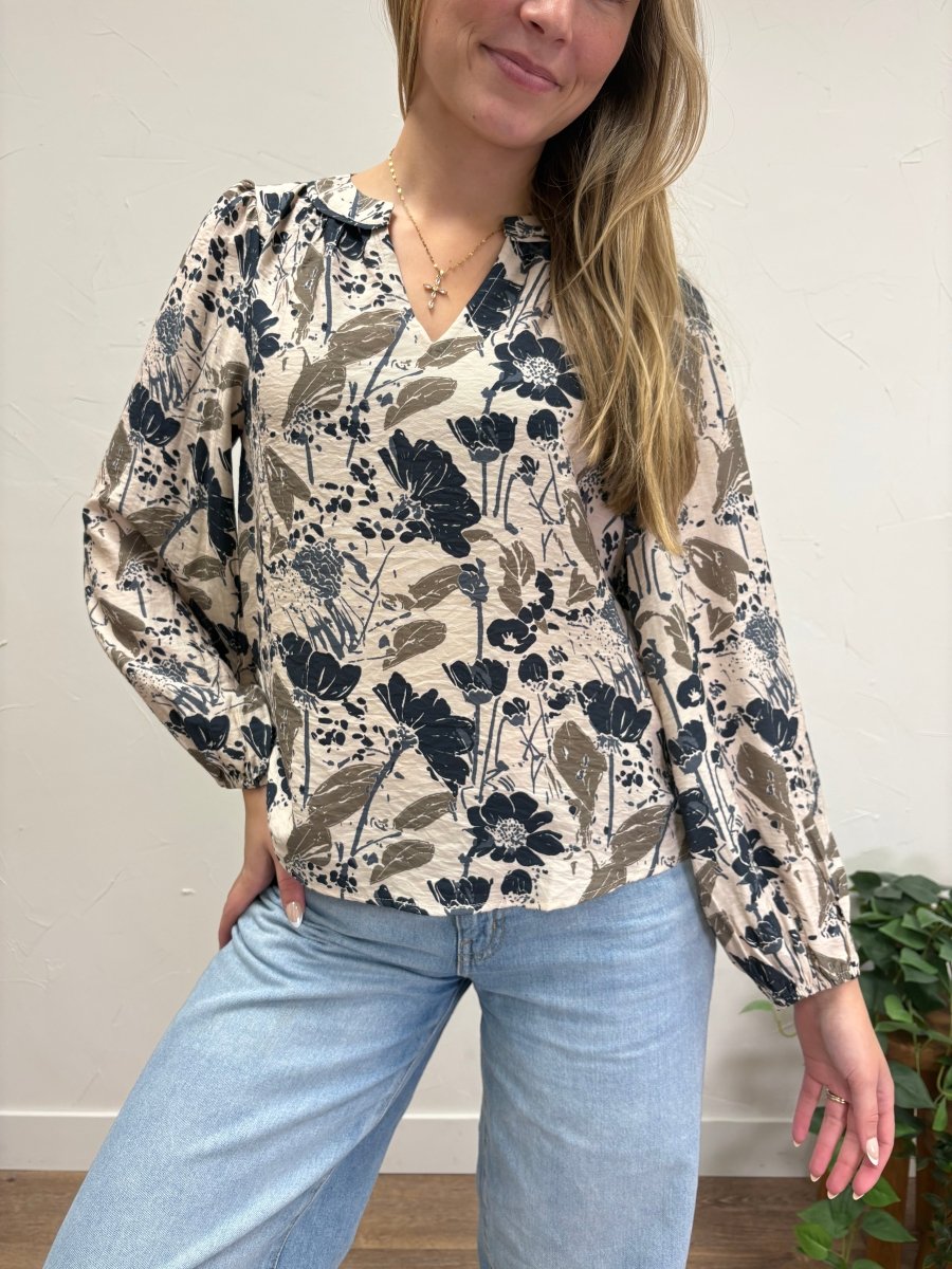 Flower Print V Neck Long Sleeve Blouse - Three:Twelve Boutique - fun2fun