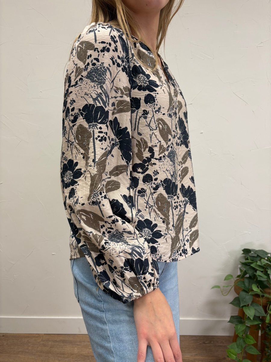 Flower Print V Neck Long Sleeve Blouse - Three:Twelve Boutique - fun2fun