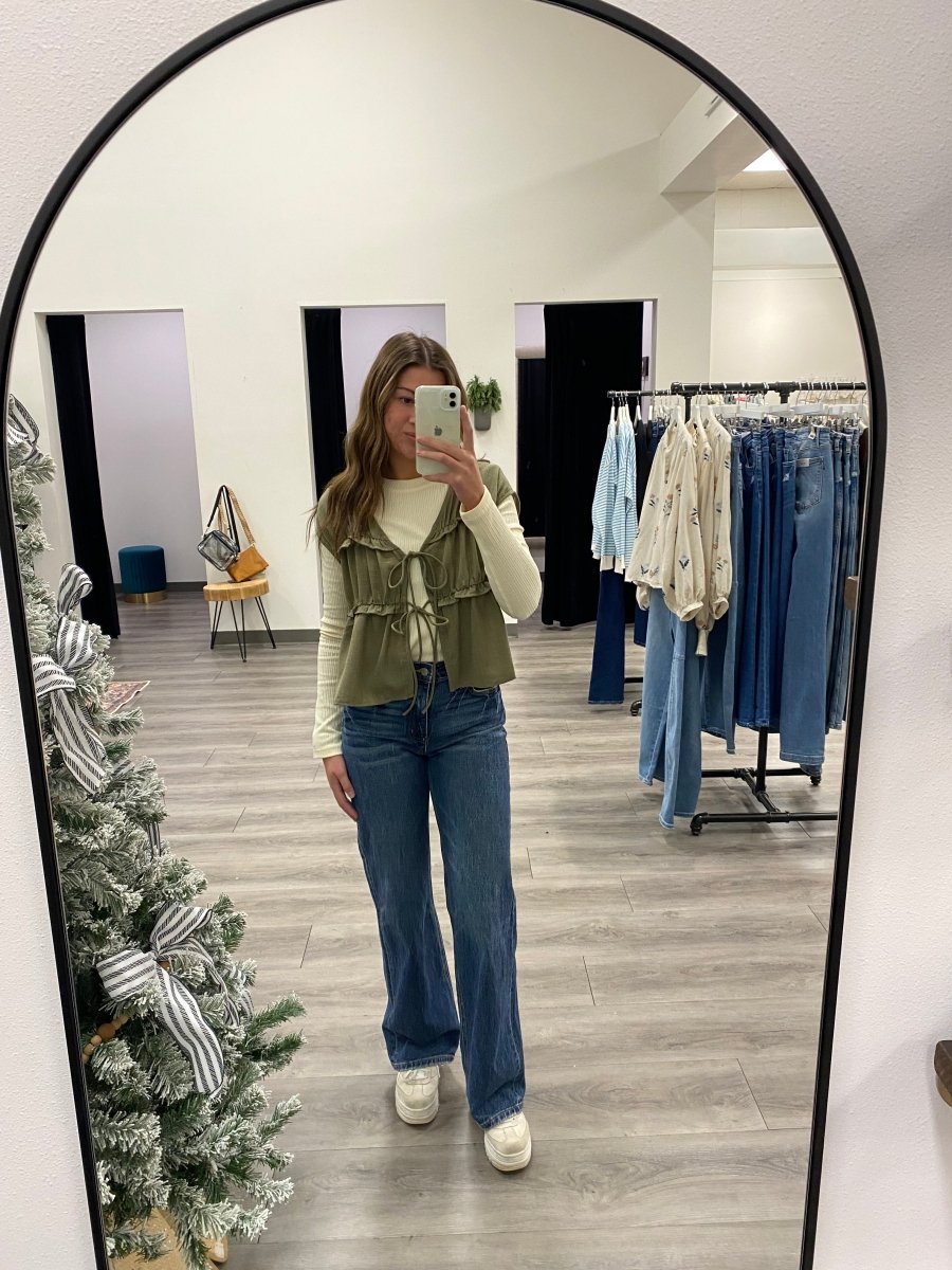 FRONT TIE RUFFLE DETAIL V NECK SLEEVELESS TOP - Three:Twelve Boutique - Blu Pepper