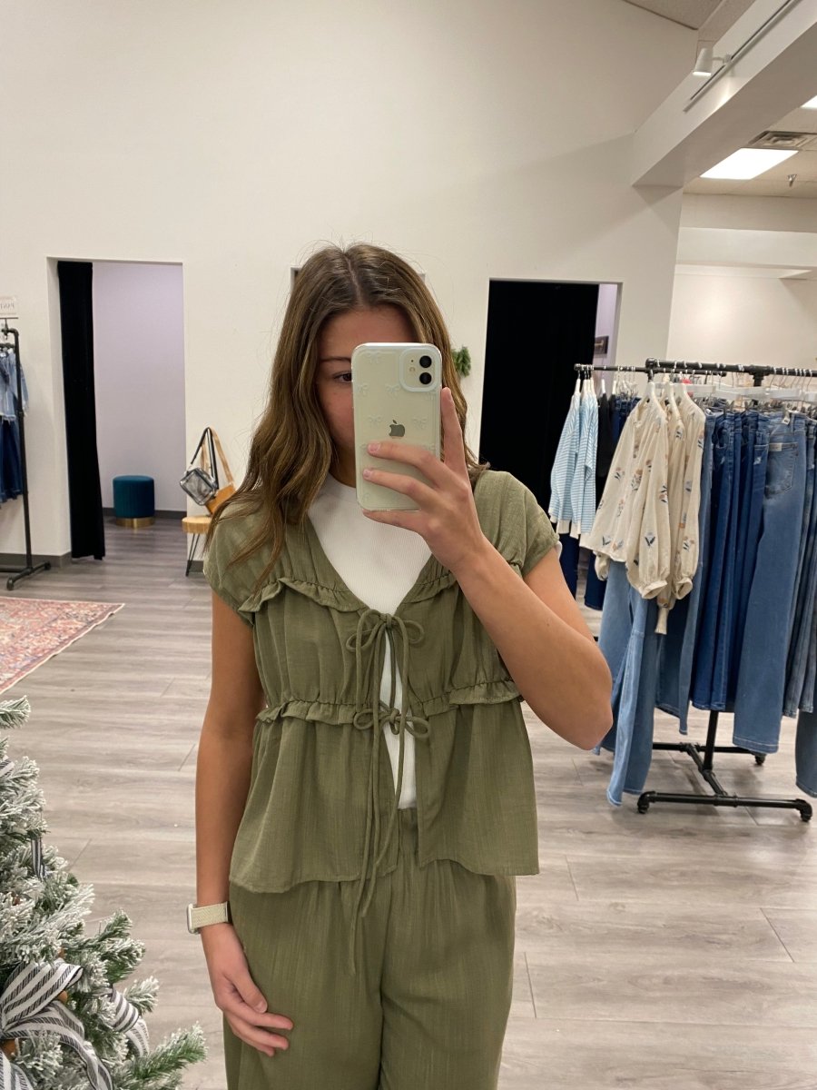 FRONT TIE RUFFLE DETAIL V NECK SLEEVELESS TOP - Three:Twelve Boutique - Blu Pepper