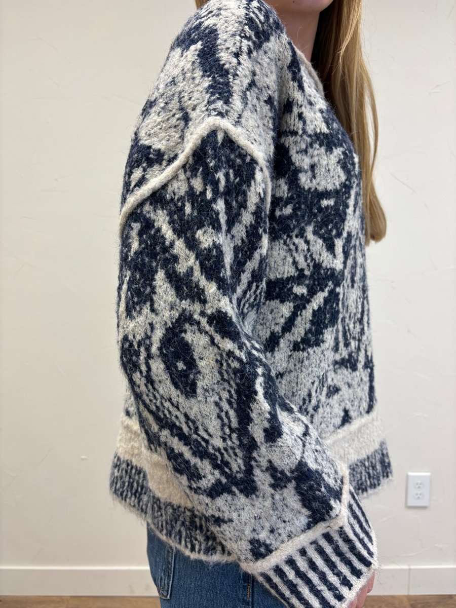 Geometric Print Raw Edge Knit Sweater - Three:Twelve Boutique - Blu Pepper