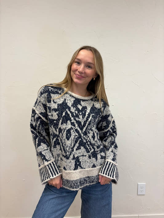 Geometric Print Raw Edge Knit Sweater - Three:Twelve Boutique - Blu Pepper
