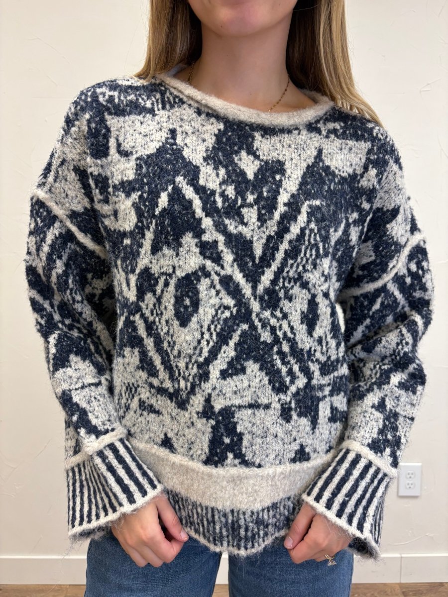 Geometric Print Raw Edge Knit Sweater - Three:Twelve Boutique - Blu Pepper