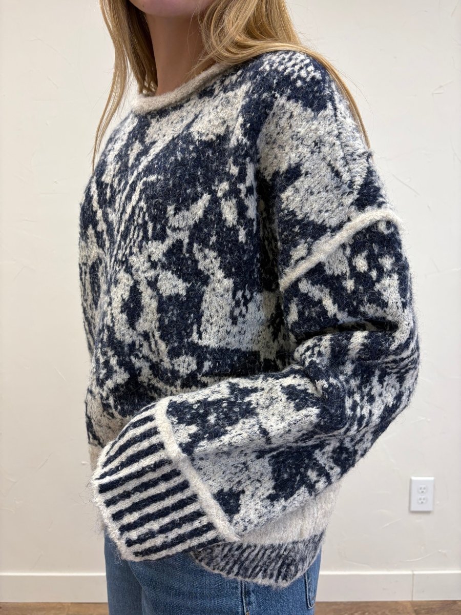 Geometric Print Raw Edge Knit Sweater - Three:Twelve Boutique - Blu Pepper