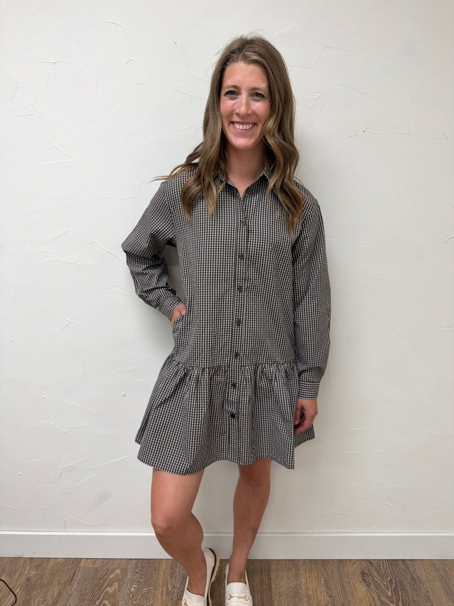Gingham Long Sleeve Button Down Mini Dress - Three:Twelve Boutique - lalavon