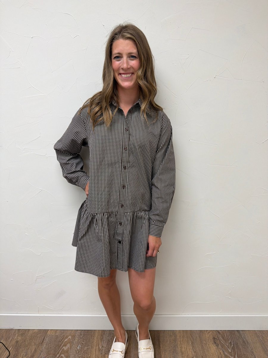 Gingham Long Sleeve Button Down Mini Dress - Three:Twelve Boutique - lalavon