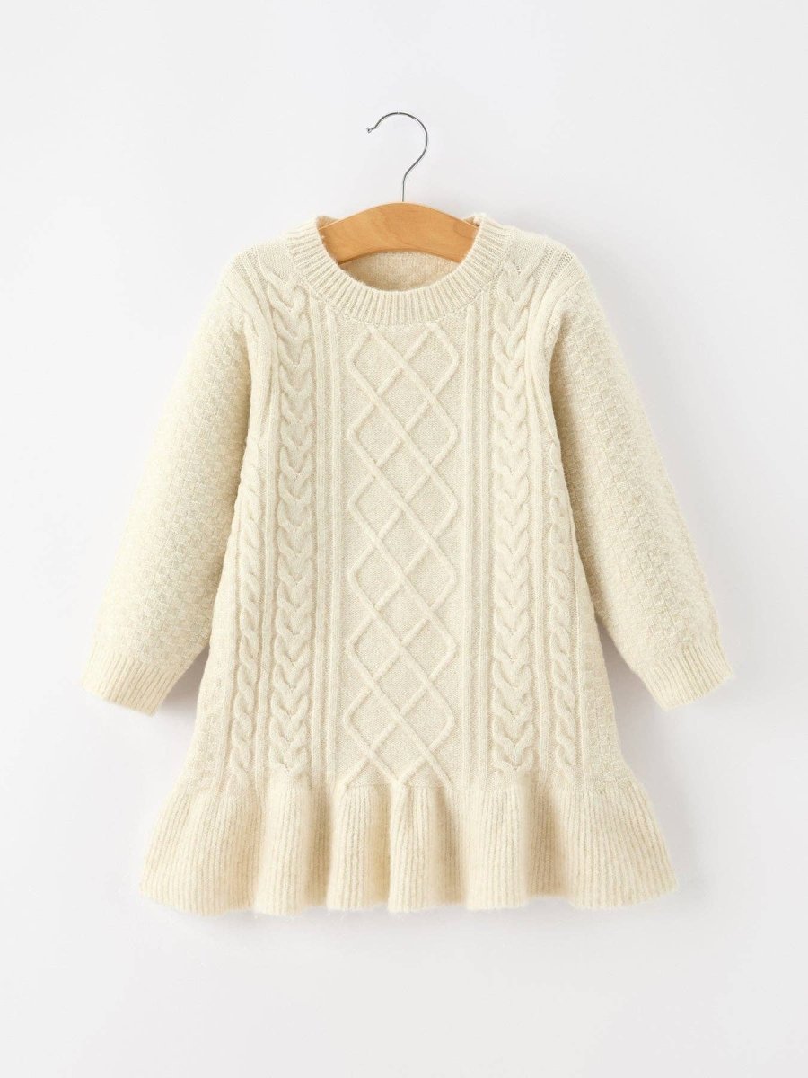 Girls Ivory Cable Knit Ruffle Sweater Dress - Three:Twelve Boutique - Rylee Faith Designs