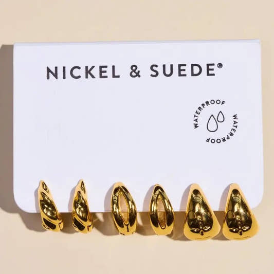 Gold Chunky Waterproof Huggie Earring Set - Three:Twelve Boutique - nickel & suede