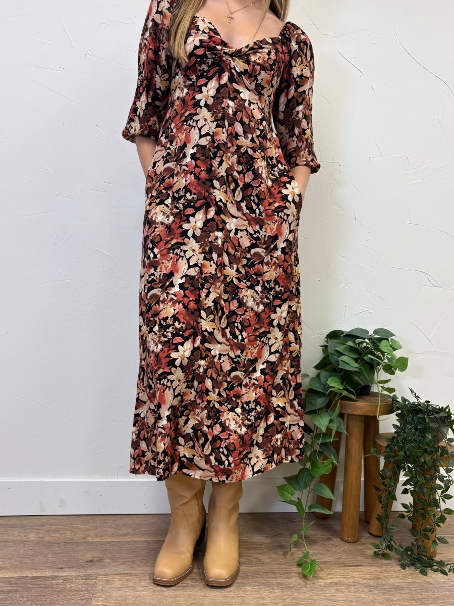Heart Neck 3/4 Sleeve Floral Midi Dress - Three:Twelve Boutique - Sunday Edition by LE LIS