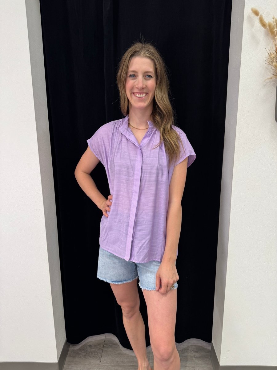 Lifestyle view of Henley button down top styled with casual outfit — Three:Twelve Boutique