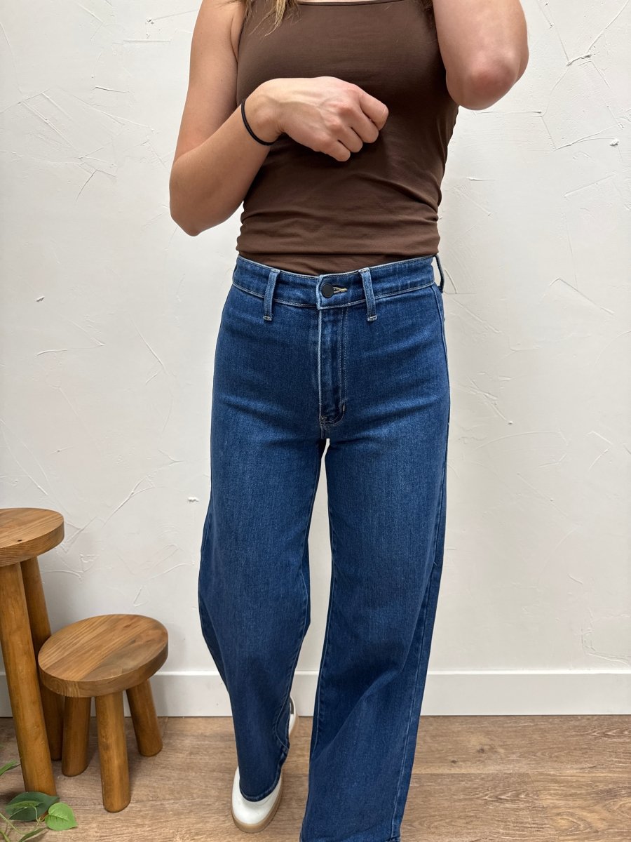 Front view of model wearing Hidden Pocket Trouser Denim showing wide leg silhouette — Three:Twelve Boutique