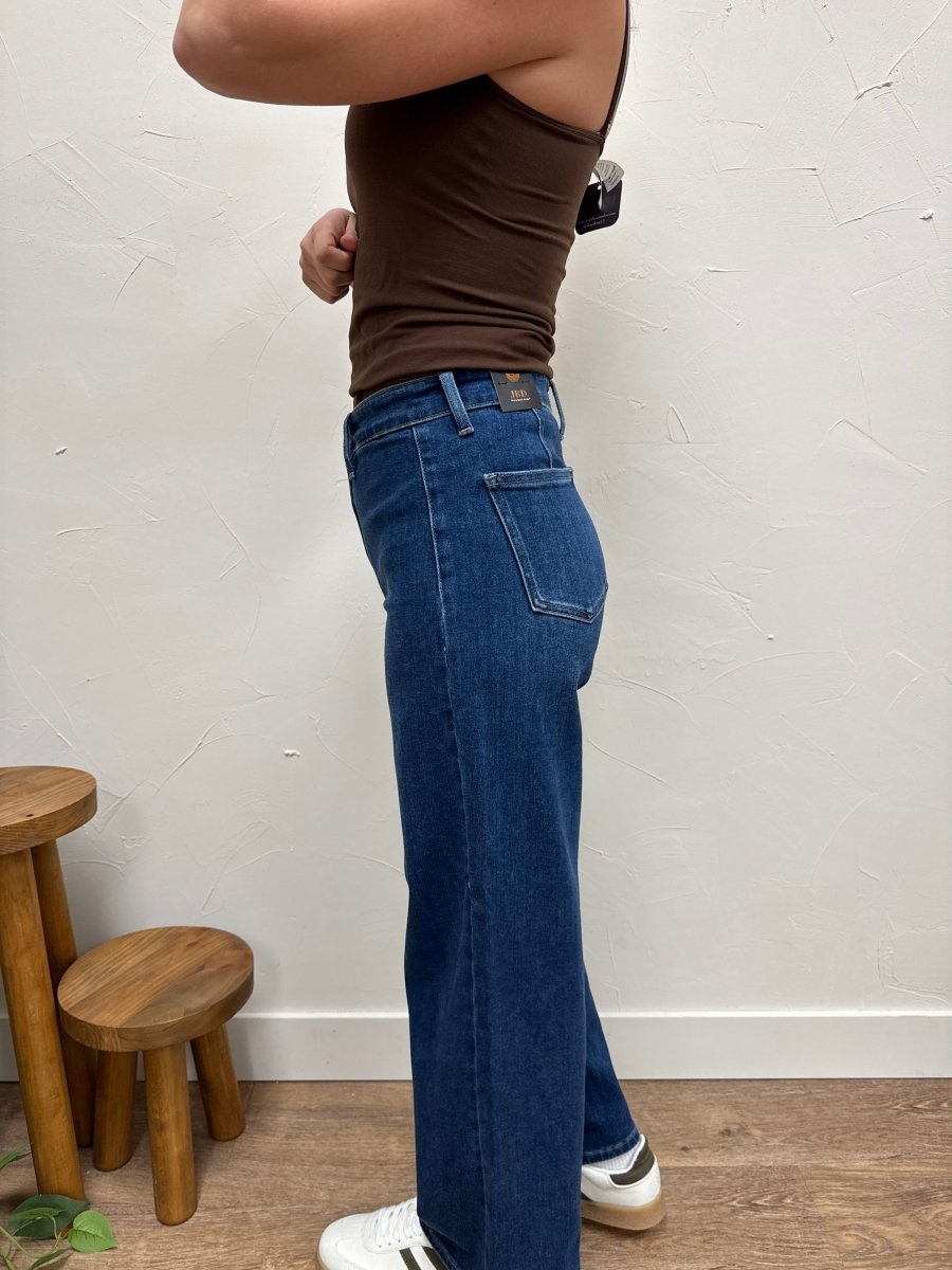 Side angle view of Hidden Pocket Trouser Denim showing high rise waist and flow — Three:Twelve Boutique