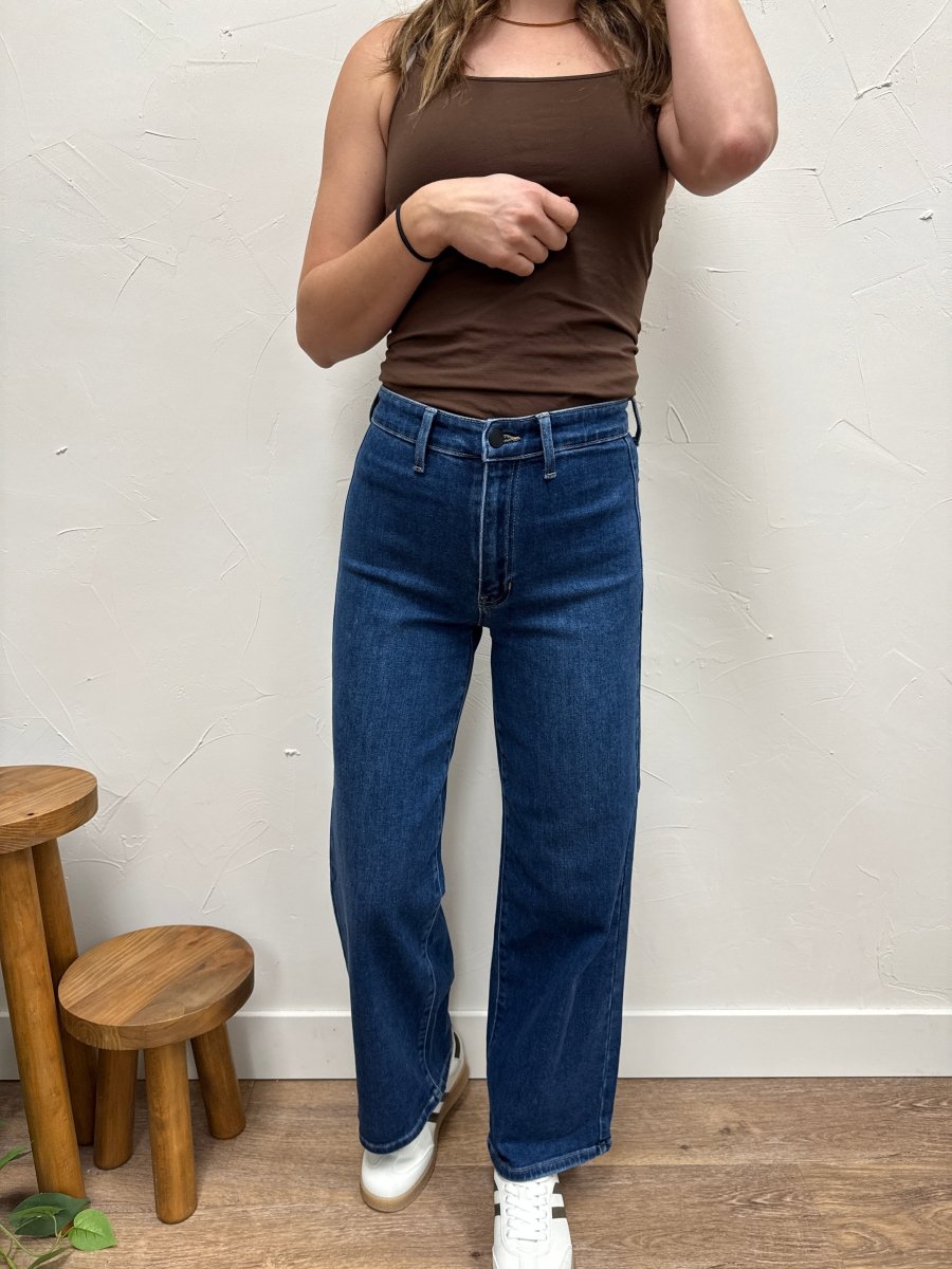 Front view of model wearing Hidden Pocket Trouser Denim showing wide leg silhouette — Three:Twelve Boutique