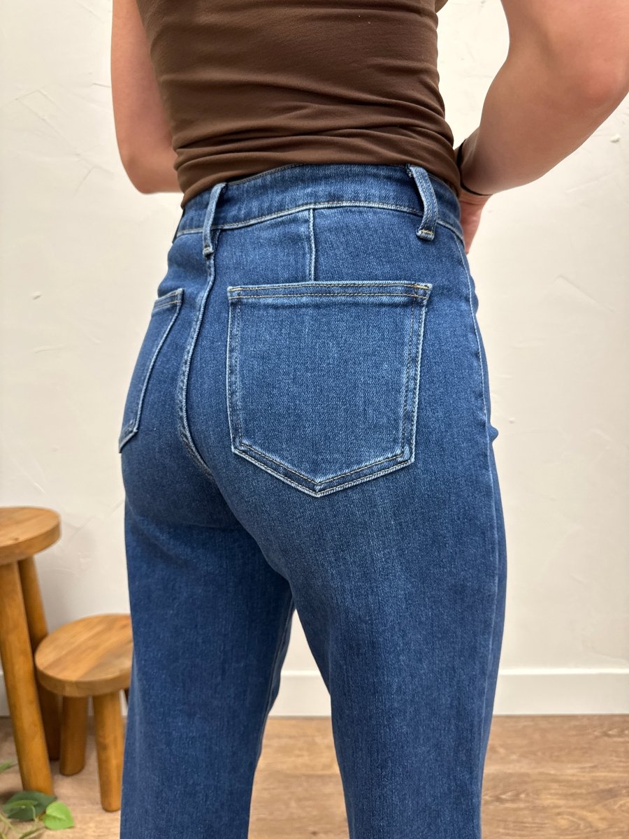 Back view of Hidden Pocket Trouser Denim on model highlighting fit and denim structure — Three:Twelve Boutique