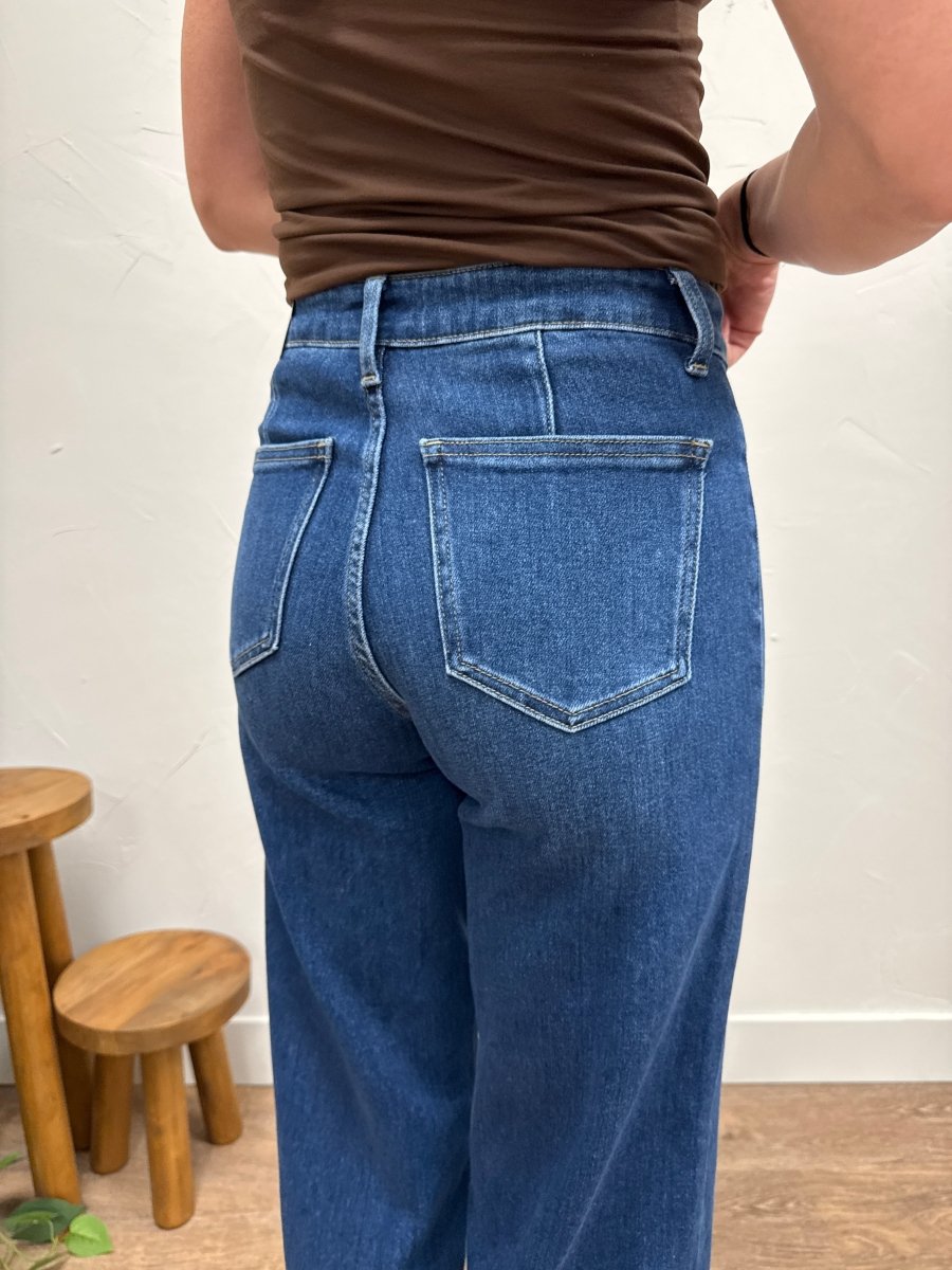 Back view of Hidden Pocket Trouser Denim on model highlighting fit and denim structure — Three:Twelve Boutique