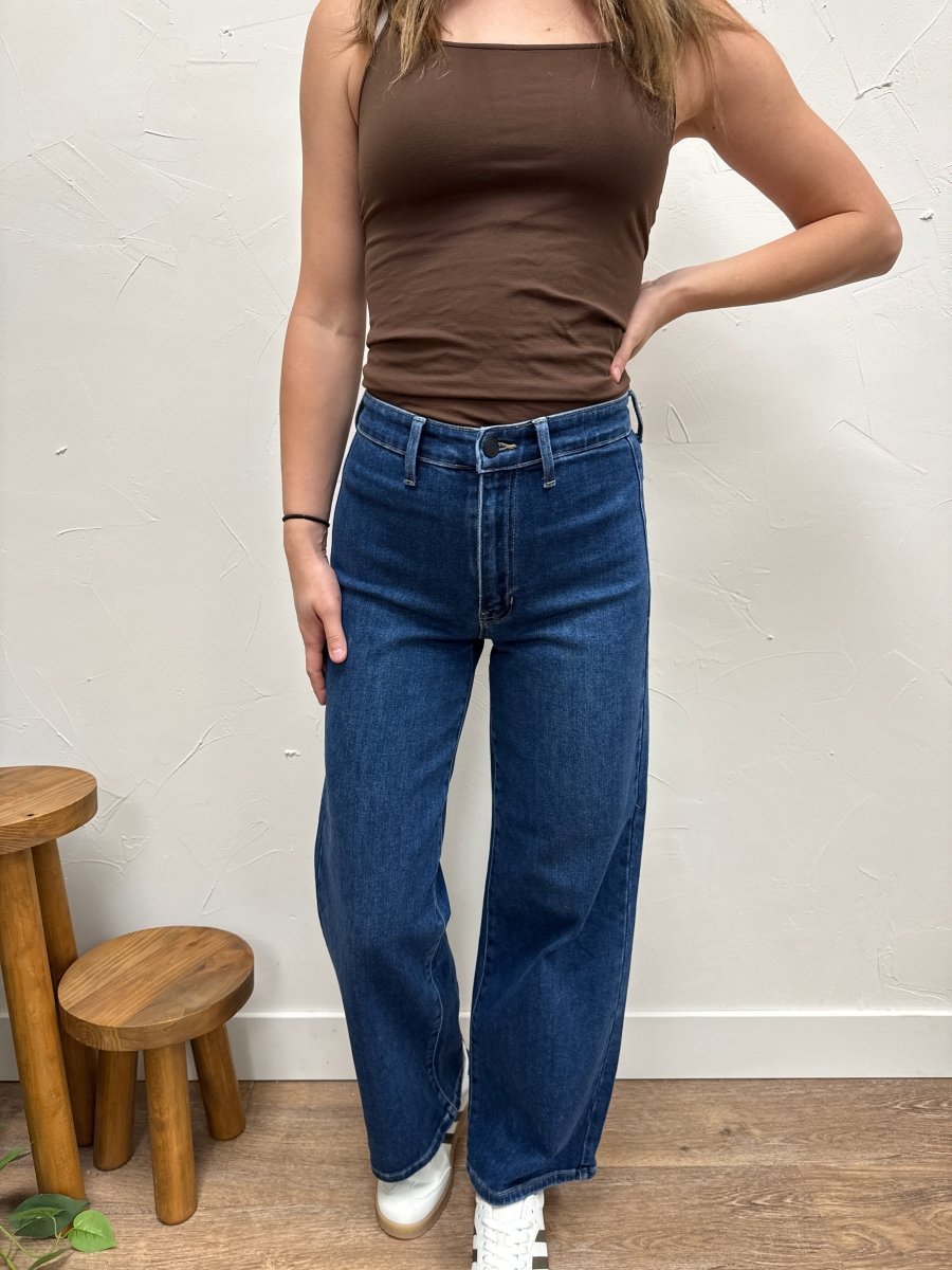 Lifestyle shot of model styling Hidden Pocket Trouser Denim with casual top — Three:Twelve Boutique