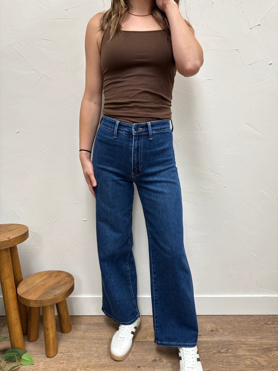 Lifestyle shot of model styling Hidden Pocket Trouser Denim with casual top — Three:Twelve Boutique