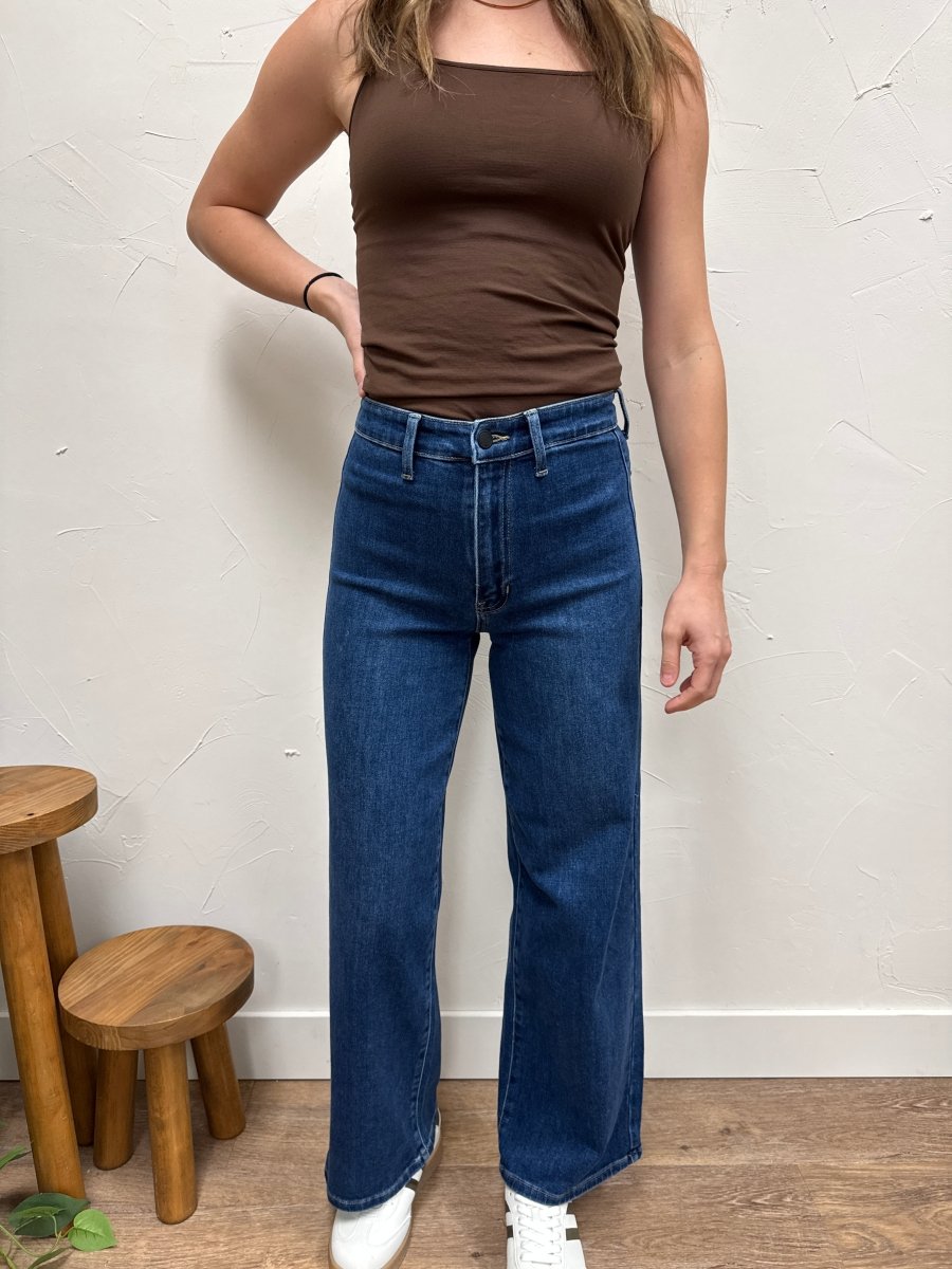 Lifestyle shot of model styling Hidden Pocket Trouser Denim with casual top — Three:Twelve Boutique