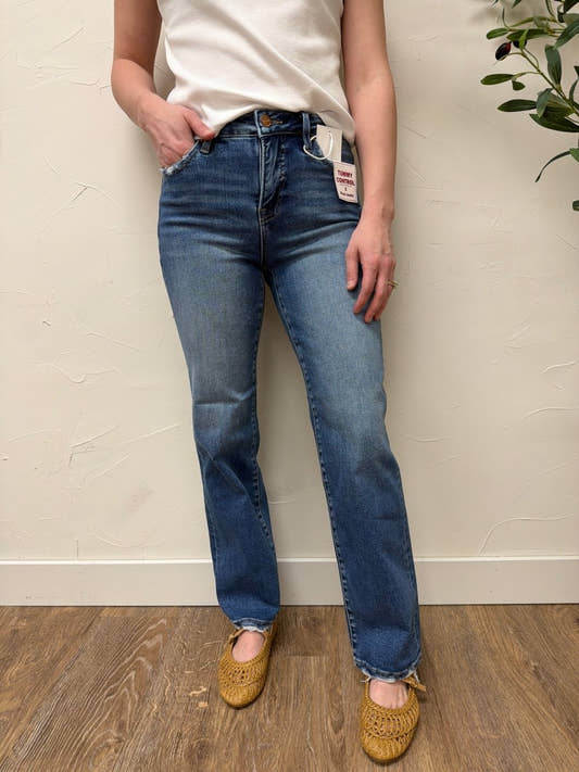 Front view of model wearing High Rise Ankle Straight Jeans showing clean fit and ankle length — Three:Twelve Boutique