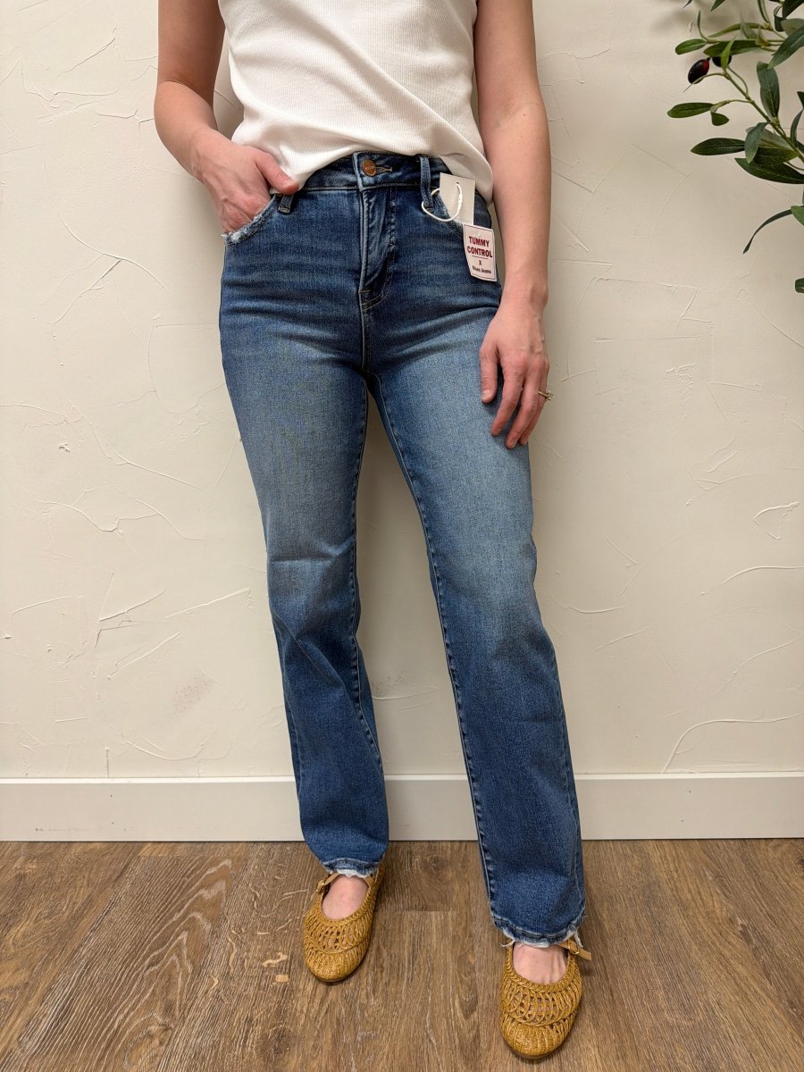Front view of model wearing High Rise Ankle Straight Jeans showing clean fit and ankle length — Three:Twelve Boutique
