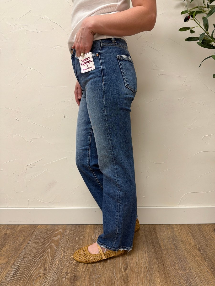 Side angle showing ankle straight silhouette and high rise waist — Three:Twelve Boutique