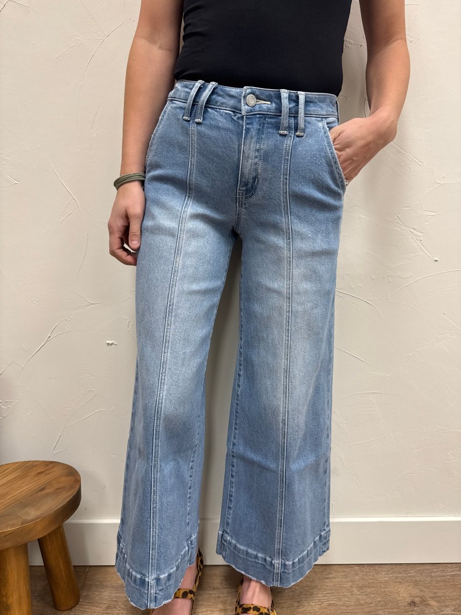 Close up of tie waist detail and fabric texture on palazzo pants — Three:Twelve Boutique