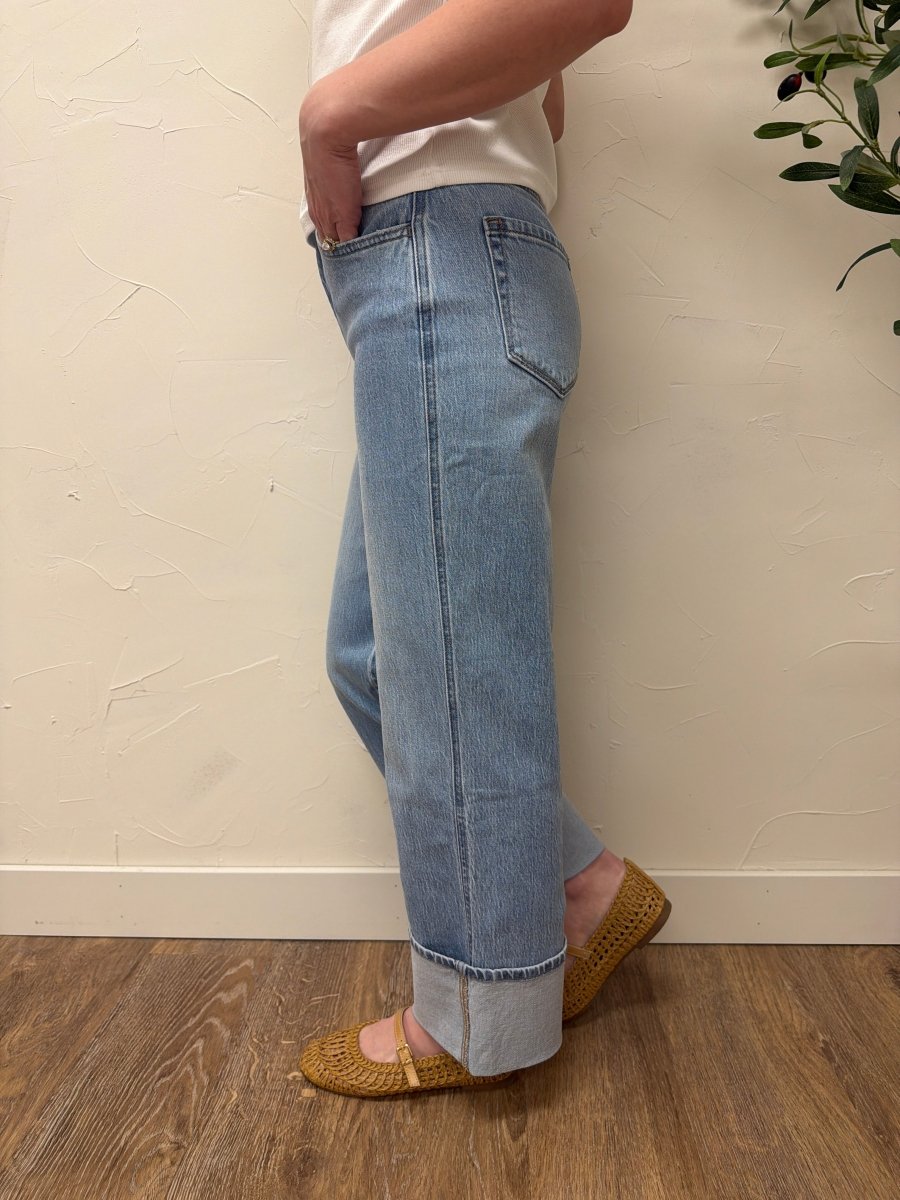 Side view of high rise Vervet denim jeans showing straight leg silhouette — Three:Twelve Boutique